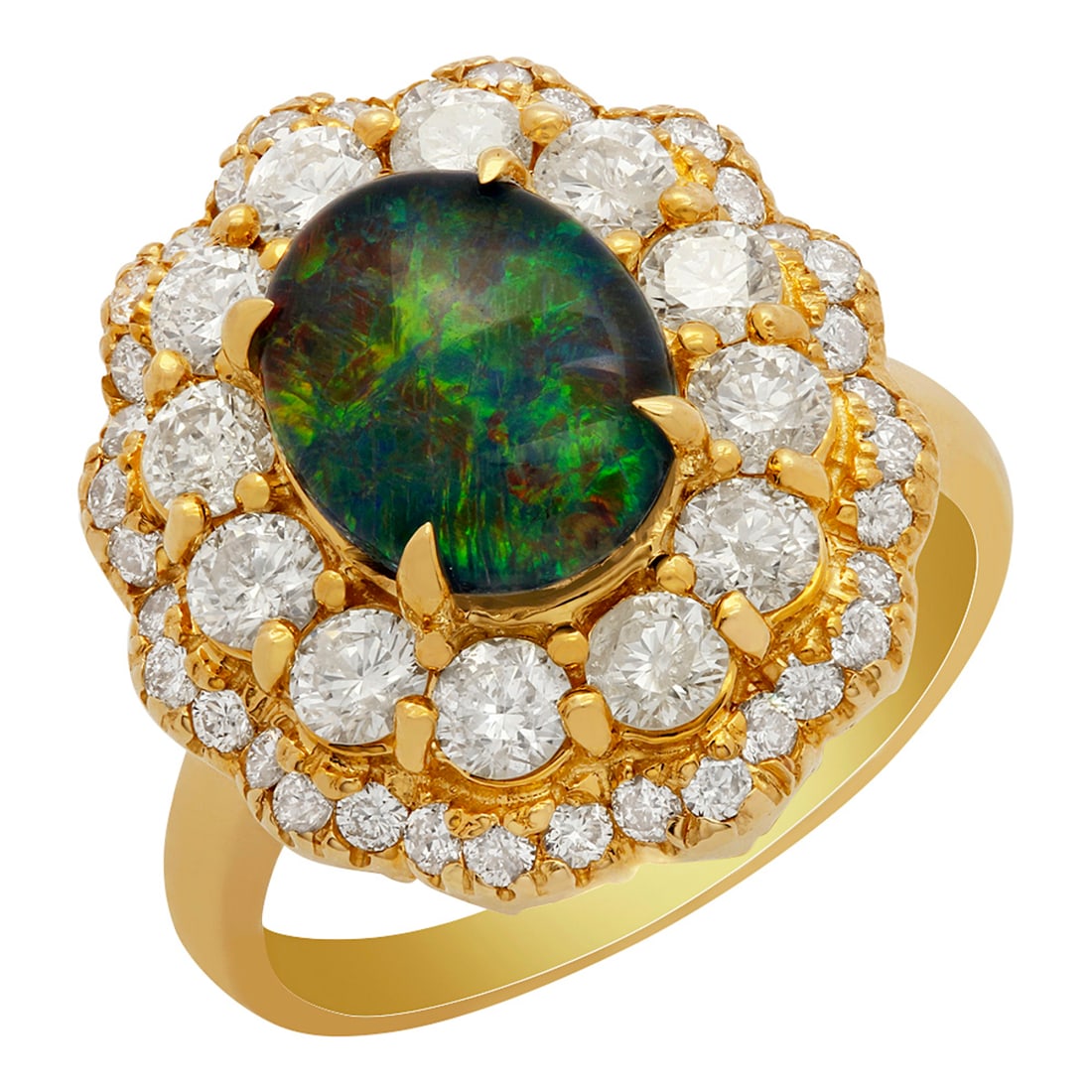 14k Yellow Gold 1.81ct Opal Doublet 1.69ct Diamond Ring: Retail: $9,285.00 ****** 14k Yellow Gold 1.81ct Opal Doublet 1.69ct Diamond Ring ****** Metal: 14K Yellow Gold / Total Item Weight: 7.20 grams / Country Made: United States / / Main Stone: Opal