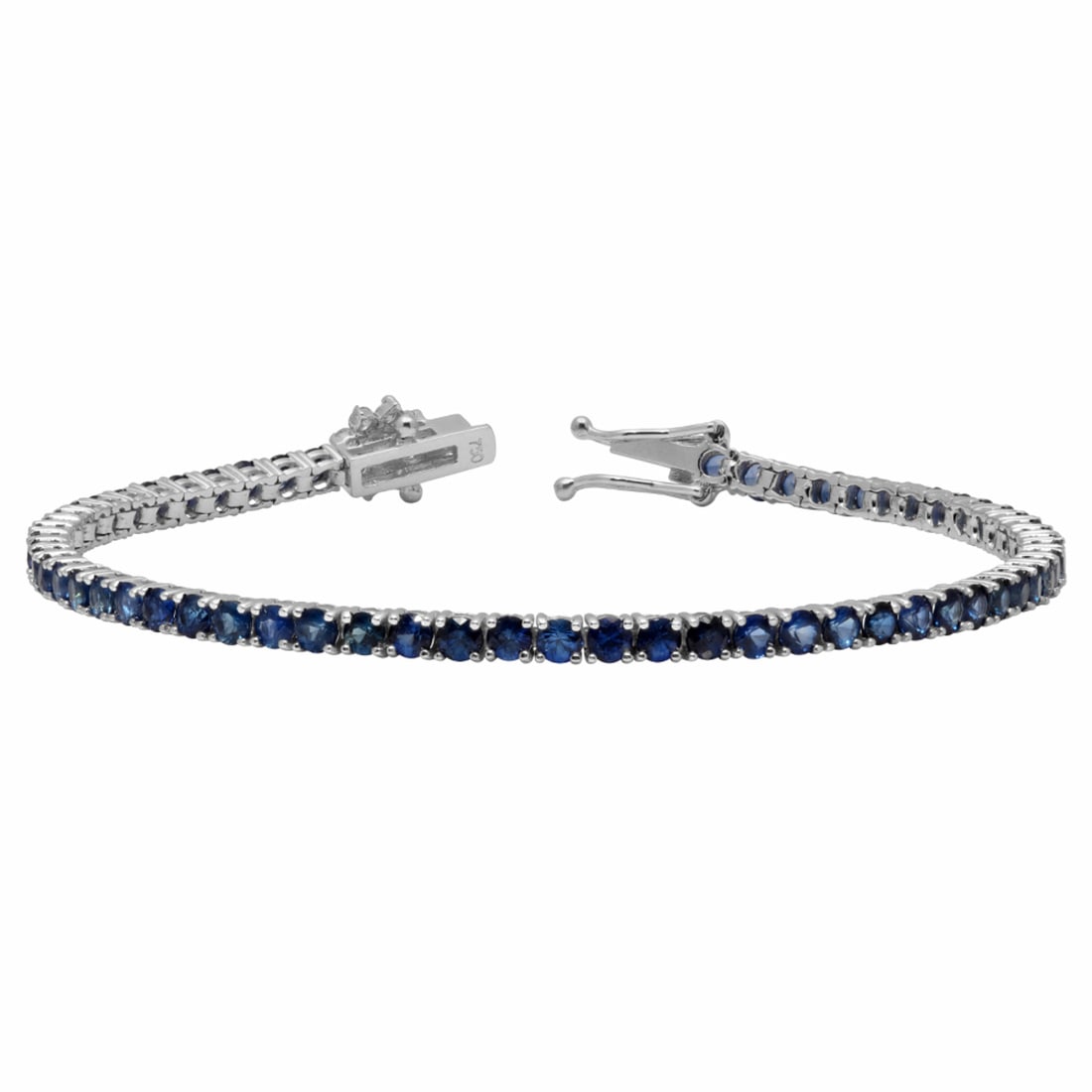 14k White Gold 5.12ct Sapphire 0.45ct Diamond Bracelet: Retail: $6,160.00 ****** 14k White Gold 5.12ct Sapphire 0.45ct Diamond Bracelet ****** Metal: 14K White Gold / Total Item Weight: 8.70 grams / Country Made: United States / / Main Stone: Sapphire /