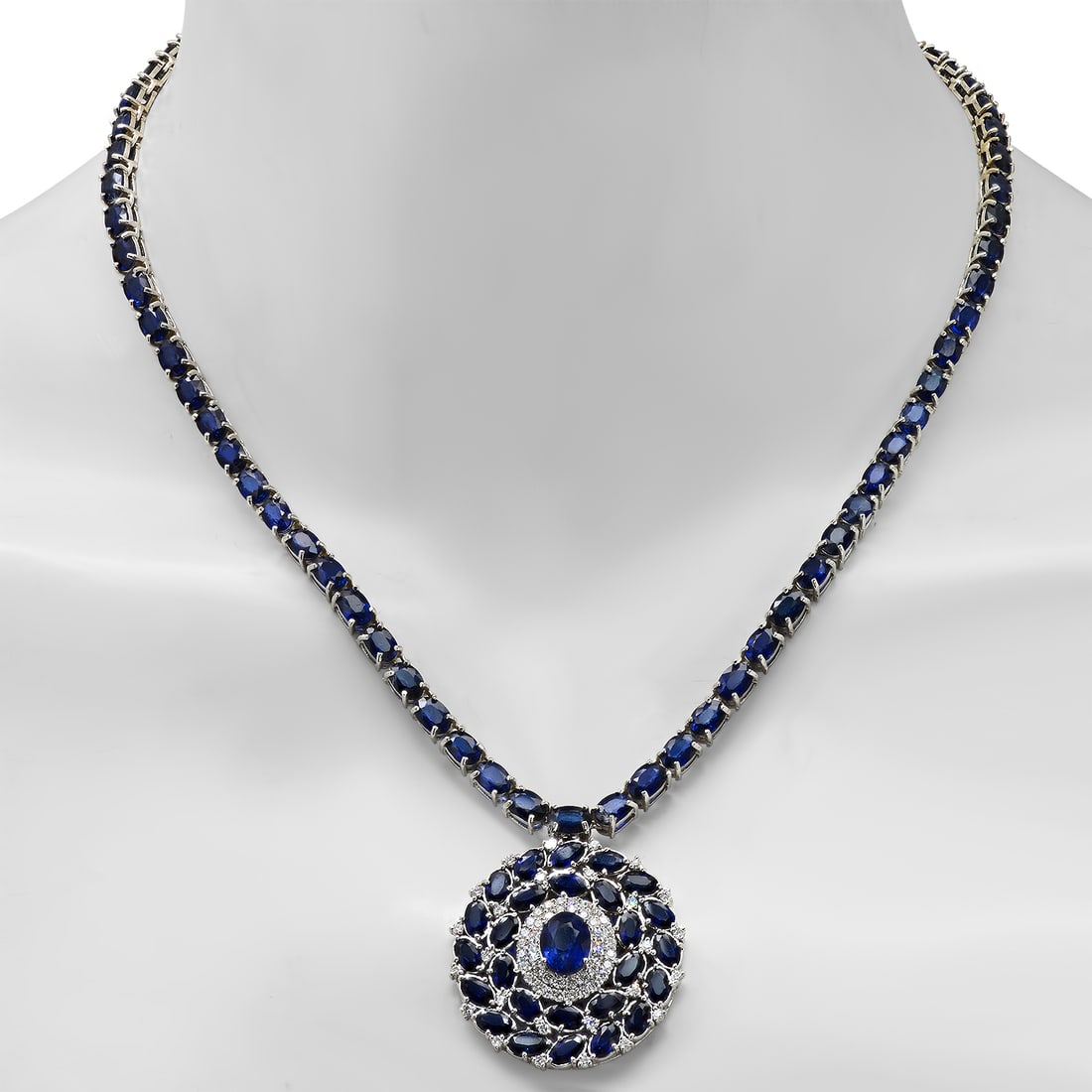 14K White Gold 50.26ct Sapphire and 1.36ct Diamond Necklace: Retail: $37,928.00 ****** 14K White Gold 50.26ct Sapphire and 1.36ct Diamond Necklace ****** Metal: 14K White Gold / Total Item Weight: 37.9 Grams / Country Made: United States / / Main Stone: Sapphir