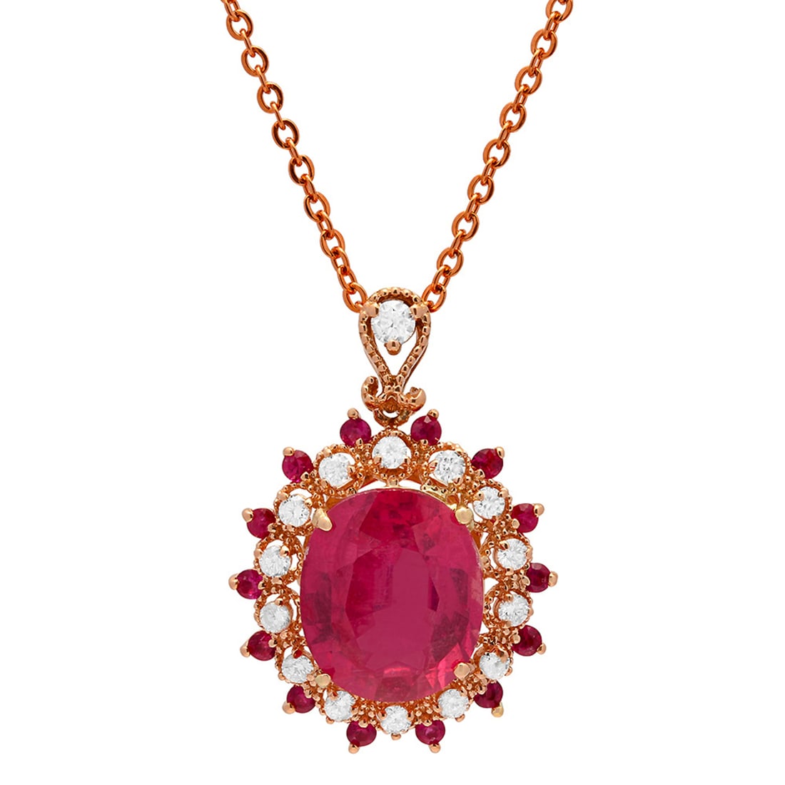 14k Rose Gold 7.55ct 0.44ct Ruby 0.47ct Diamond Pendant: Retail: $6,740.00 ****** 14k Rose Gold 7.55ct 0.44ct Ruby 0.47ct Diamond Pendant ****** Metal: 14K Rose Gold / Total Item Weight: 4.80 grams / Country Made: United States / / Main Stone: Ruby /