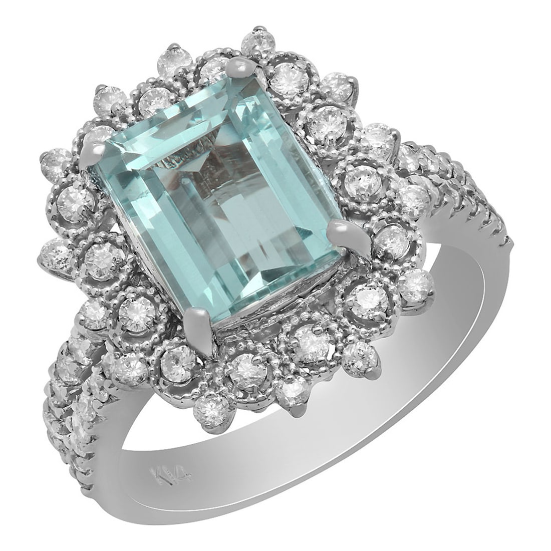 14k White Gold 2.39ct Aquamarine 0.80ct Diamond Ring: Retail: $5,980.00 ****** 14k White Gold 2.39ct Aquamarine 0.80ct Diamond Ring ****** Metal: 14K White Gold / Total Item Weight: 7.40 grams / Country Made: United States / / Main Stone: Aquamarine / Co