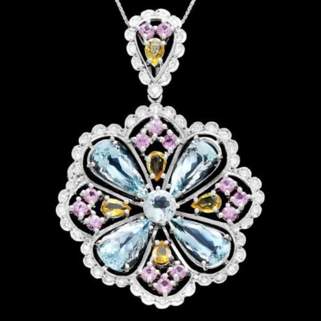 14K Gold 6.97ct Aquamarine 1.53ct Sapphire 2.43ct Beryl and 1.07ct Diamond Pendant: Retail: $17,630.00 ****** 14K Gold 6.97ct Aquamarine 1.53ct Sapphire 2.43ct Beryl and 1.07ct Diamond Pendant ****** Metal: 14K White Gold / Total Item Weight: 17.0 Grams / Country Made: United States 