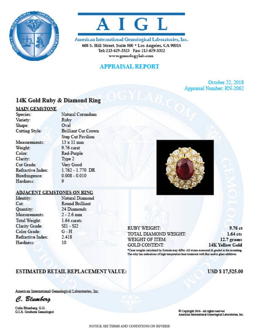 14K Yellow Gold 9.76ct Ruby and 1.64ct Diamond Ring - 5