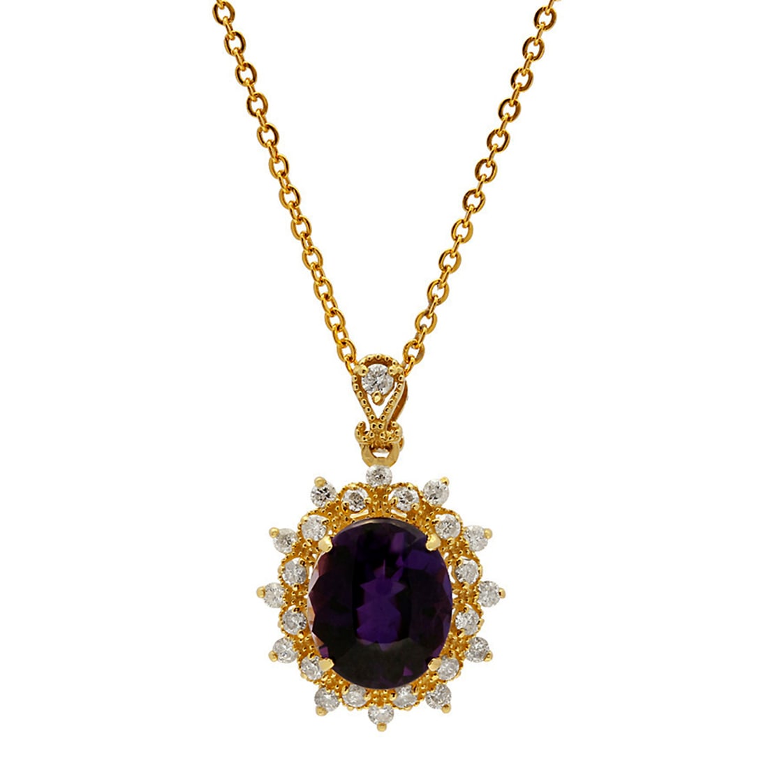 14k Yellow Gold 5.16ct Amethyst 0.73ct Diamond Pendant: Retail: $5,795.00 ****** 14k Yellow Gold 5.16ct Amethyst 0.73ct Diamond Pendant ****** Metal: 14K Yellow Gold / Total Item Weight: 4.10 grams / Country Made: United States / / Main Stone: Amethyst /