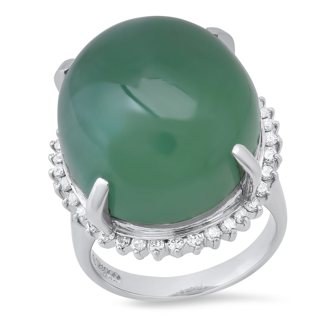 Platinum Setting with Approx. 17ct Jade and 0.58ct Diamond Ladies Ring: Retail: $18,300.00 ****** Platinum Setting with Approx. 17ct Jade and 0.58ct Diamond Ladies Ring ****** Size: 6.75 (we offer free resizing to winning bidders) / Metal: Platinum / Total Item Weight: 17