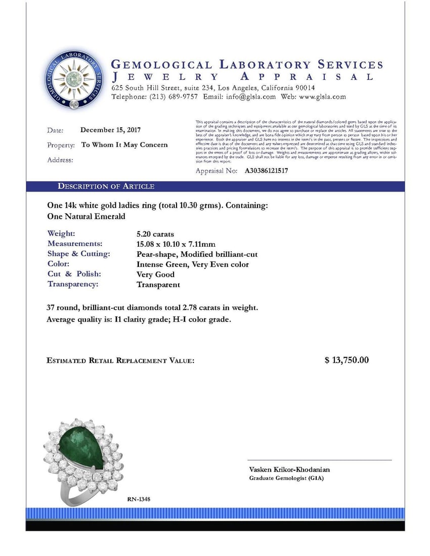 14k White Gold 5.20ct Emerald 2.78ct Diamond Ring - 5
