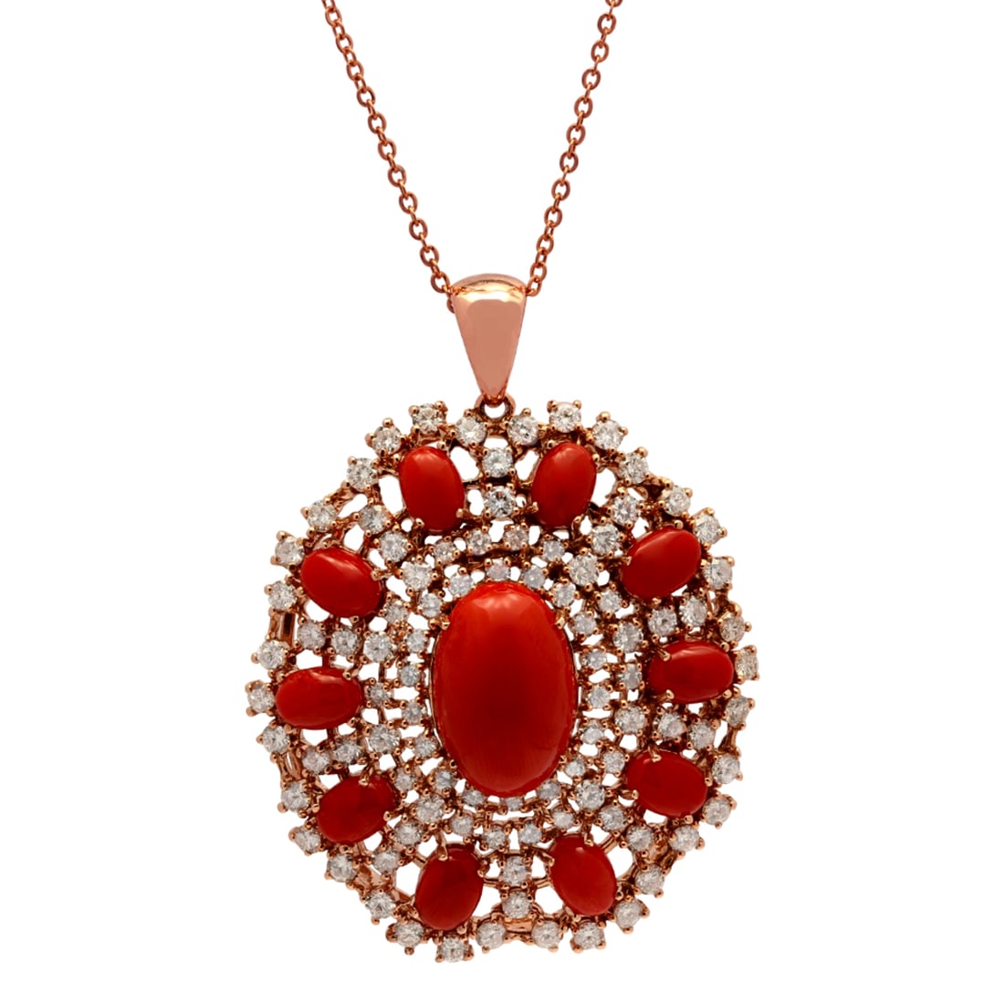 14k Rose Gold 15.96ct Coral 5.51ct Diamond Pendant: Retail: $20,625.00 ****** 14k Rose Gold 15.96ct Coral 5.51ct Diamond Pendant ****** Metal: 14K Rose Gold / Total Item Weight: 21.90 grams / Country Made: United States / / Main Stone: Coral / Color: I