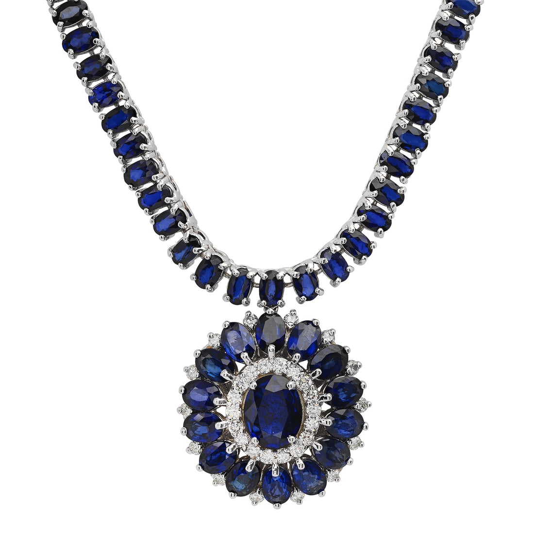 14K White Gold Setting with 46.57ct Sapphire and 0.92ct Diamond Necklace: Retail: $28,650.00 ****** 14K White Gold Setting with 46.57ct Sapphire and 0.92ct Diamond Necklace ****** Metal: 14K White Gold / Total Item Weight: 39.8 Grams / Country Made: United States / / Main