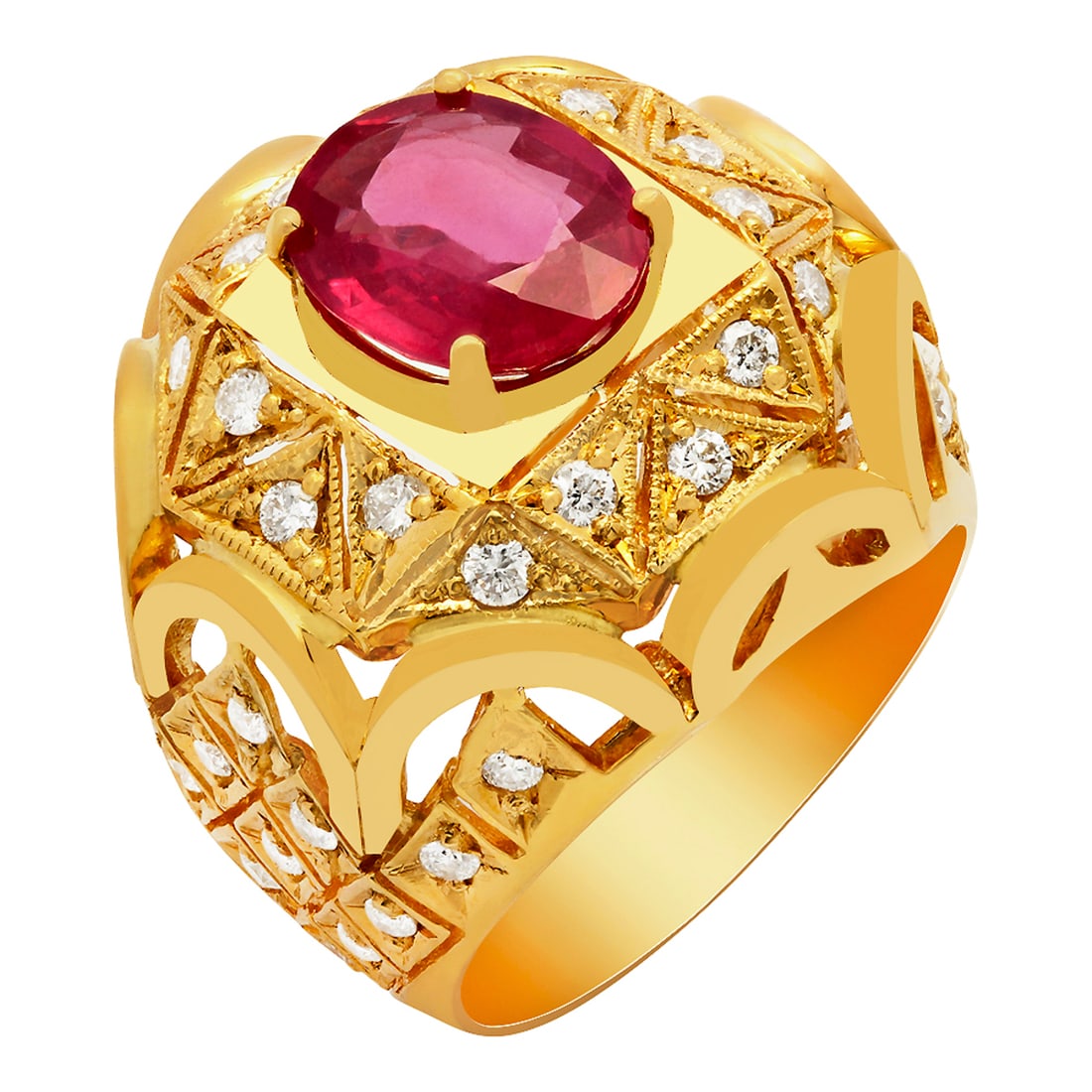 14K Gold 3.90ct Ruby and 1.08ct Diamond Ring: Retail: $9,605.00 ****** 14K Gold 3.90ct Ruby and 1.08ct Diamond Ring ****** Metal: 14K Yellow Gold / Total Item Weight: 13.60 Grams / Country Made: United States / / Main Stone: Ruby / Color: Red /