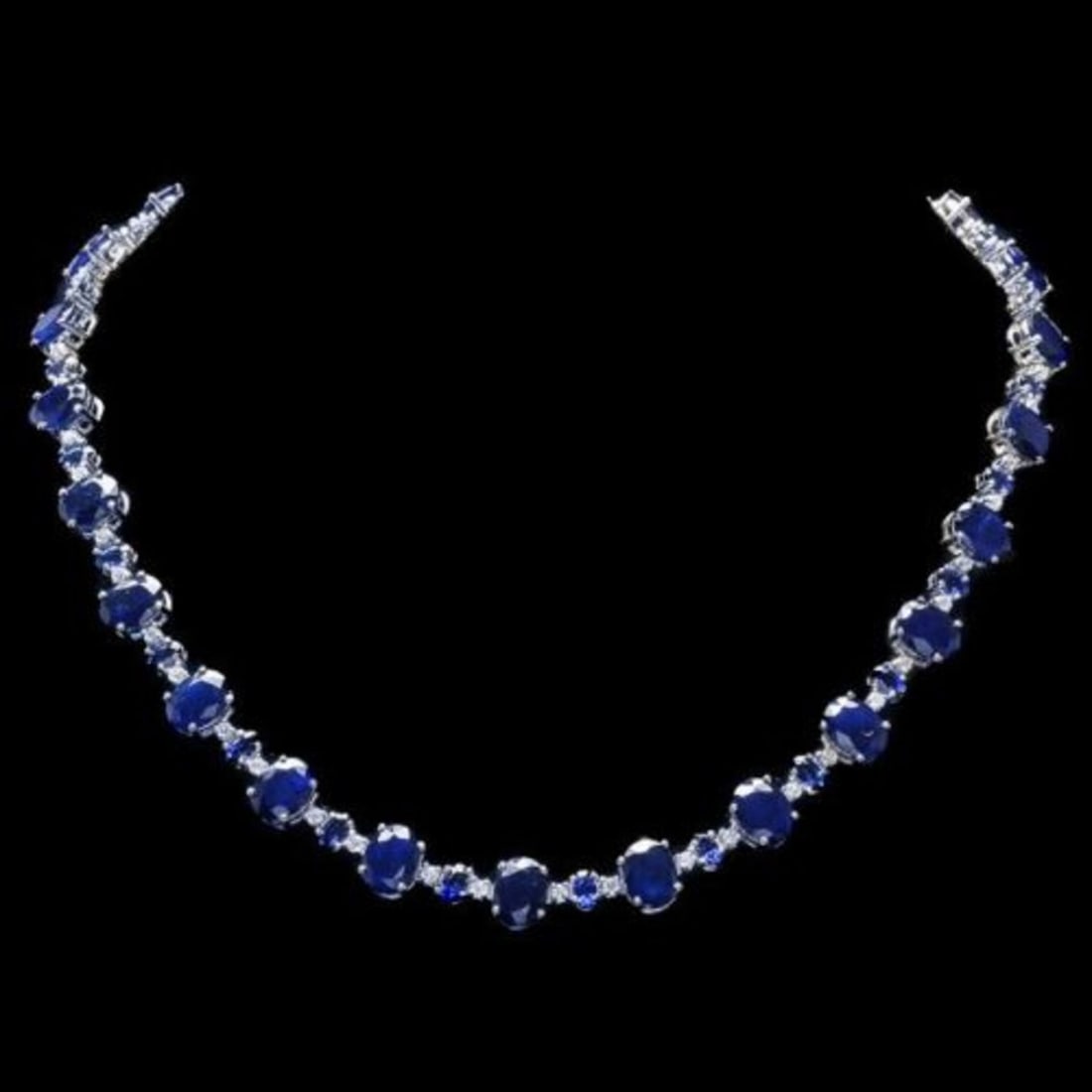 14K White Gold 56.77ct Sapphire and 1.64ct Diamond Necklace: Retail: $28,635.00 ****** 14K White Gold 56.77ct Sapphire and 1.64ct Diamond Necklace ****** Metal: 14K White Gold / Total Item Weight: 40.5 Grams / Country Made: United States / / Main Stone: