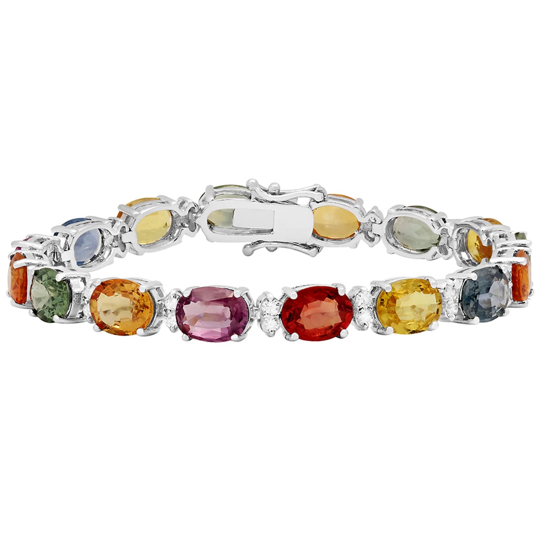 14k White Gold 33.10ct Sapphire 1.37ct Diamond Bracelet: Retail: $30,400.00 ****** 14k White Gold 33.10ct Sapphire 1.37ct Diamond Bracelet ****** Metal: 14K White Gold / Total Item Weight: 20,60 grams / Country Made: United States / / Main Stone: Sapphire