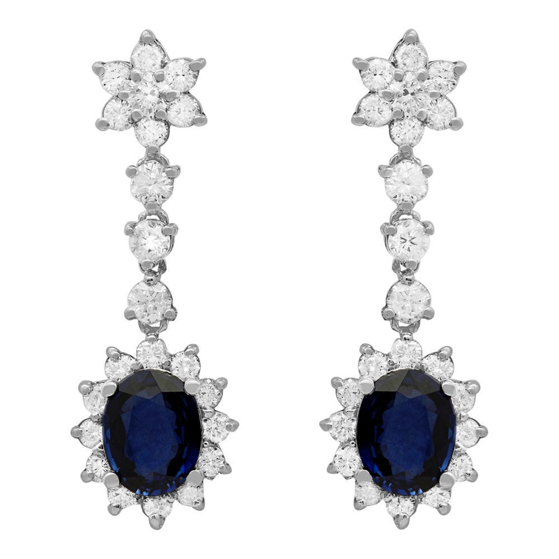 14k White Gold 3.34ct Sapphire 2.63ct Diamond Earrings: Retail: $8,790.00 ****** 14k White Gold 3.34ct Sapphire 2.63ct Diamond Earrings ****** Metal: 14K White Gold / Total Item Weight: 5.40 grams / Country Made: United States / / Main Stone: Sapphire /