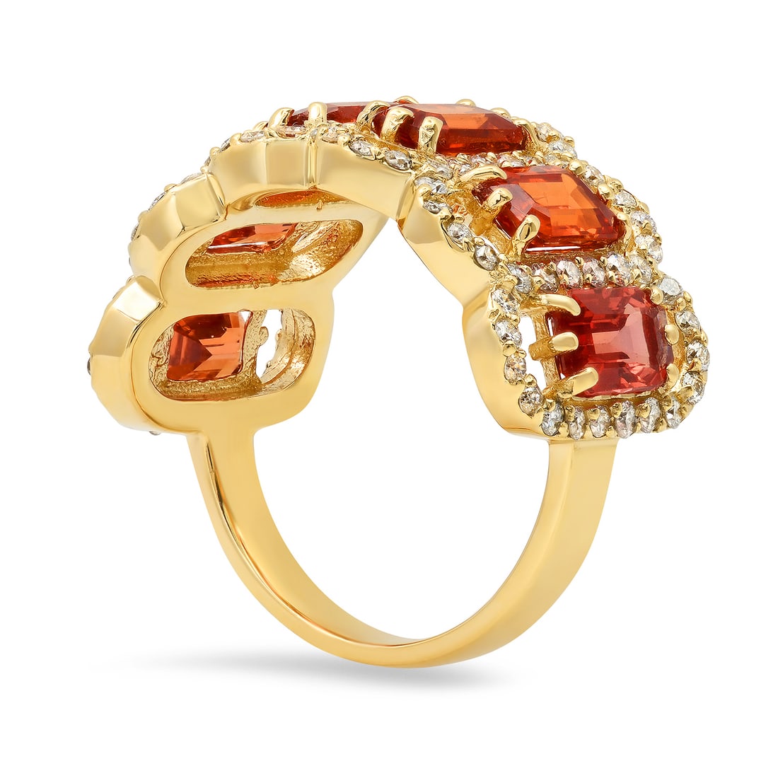 14K Yellow Gold with 4.13ct Orange Sapphire and 1.06ct Diamond Ring: Retail: $7,355.00 ****** 14K Yellow Gold with 4.13ct Orange Sapphire and 1.06ct Diamond Ring ****** Size: Size 7 (we offer free resizing to winning bidders) / Metal: 14K Yellow Gold / Total Item