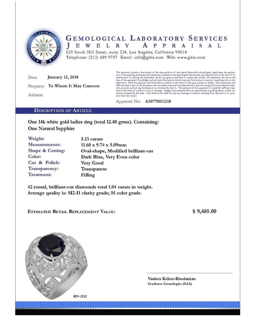 14k White Gold 5.13ct Sapphire 1.04ct Diamond Ring - 4