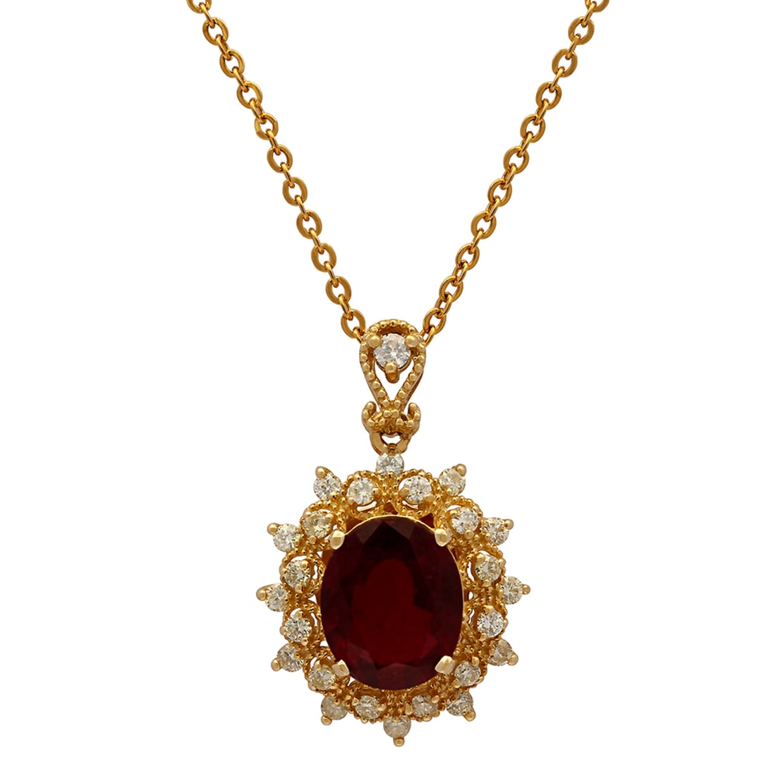 14k Yellow Gold 3.99ct Ruby 0.64ct Diamond Pendant: Retail: $4,645.00 ****** 14k Yellow Gold 3.99ct Ruby 0.64ct Diamond Pendant ****** Metal: 14K Yellow Gold / Total Item Weight: 4.00 grams / Country Made: United States / / Main Stone: Ruby / Color: