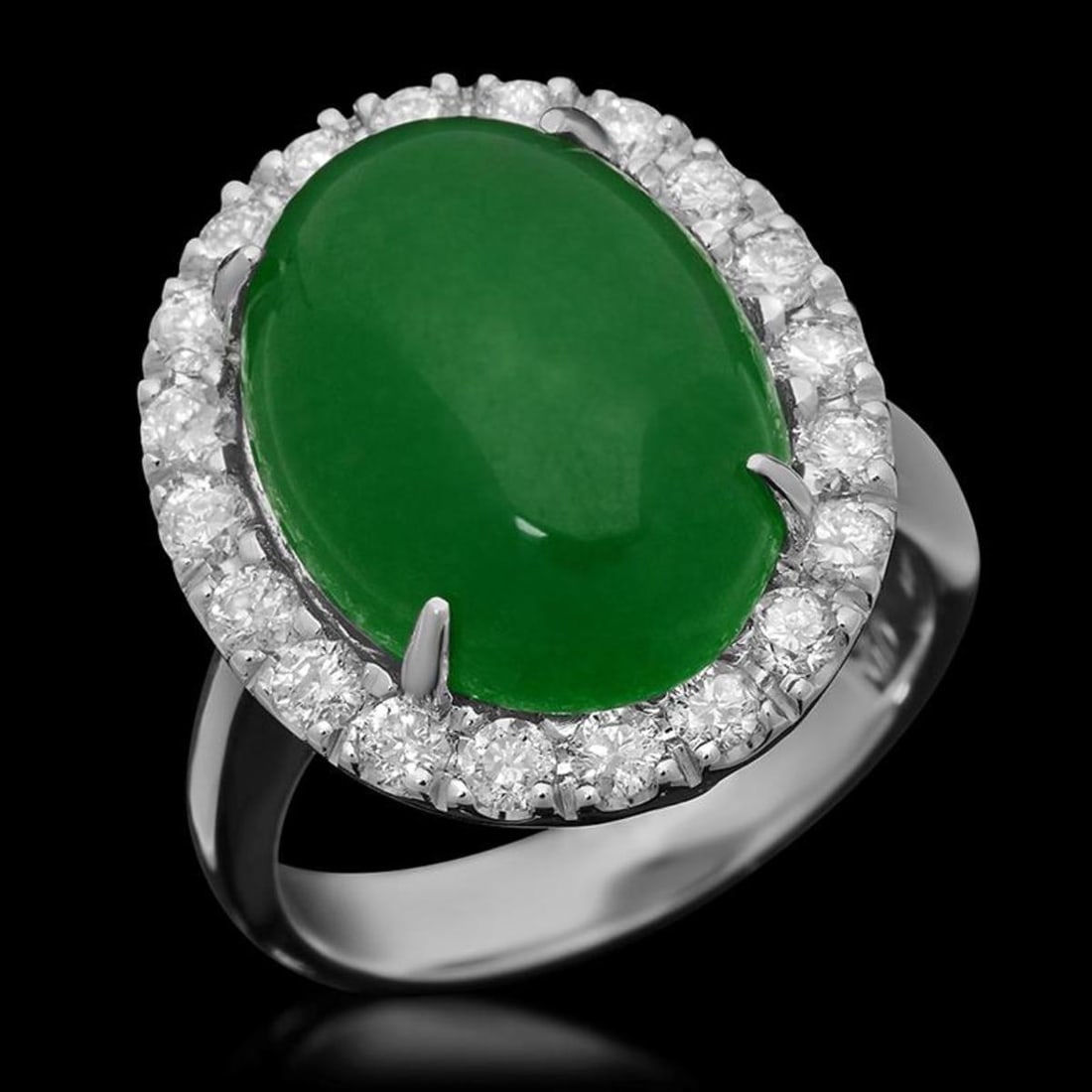 14K White Gold 8.66ct Jadeite and 1.00ct Diamond Ring: Retail: $9,578.00 ****** 14K White Gold 8.66ct Jadeite and 1.00ct Diamond Ring ****** Metal: 14K White Gold / Total Item Weight: 7.8 Grams / Country Made: United States / / Main Stone: Jadeite / Color