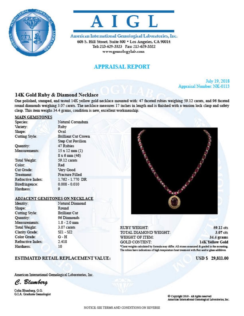14K Gold 59.12ct Ruby 3.07ct Diamond Necklace - 4