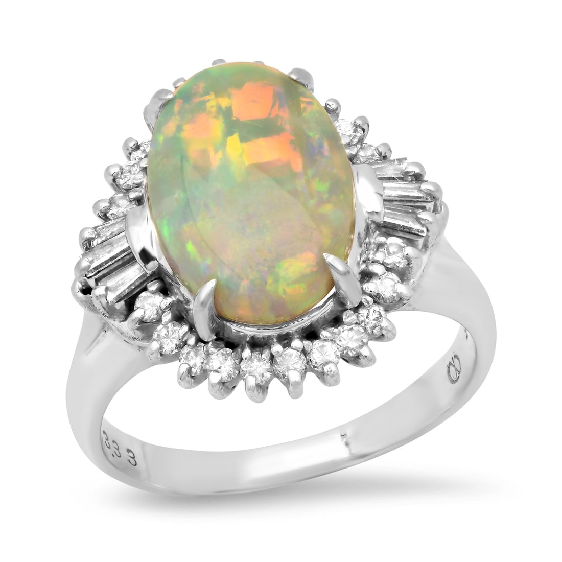 Platinum Setting with 3.33ct Opal and 0.55ct Diamond Ladies Ring: Retail: $6,610.00 ****** Platinum Setting with 3.33ct Opal and 0.55ct Diamond Ladies Ring ****** Size: 8.5 (we offer free resizing to winning bidders) / Metal: Platinum / Total Item Weight: 9.2 Grams