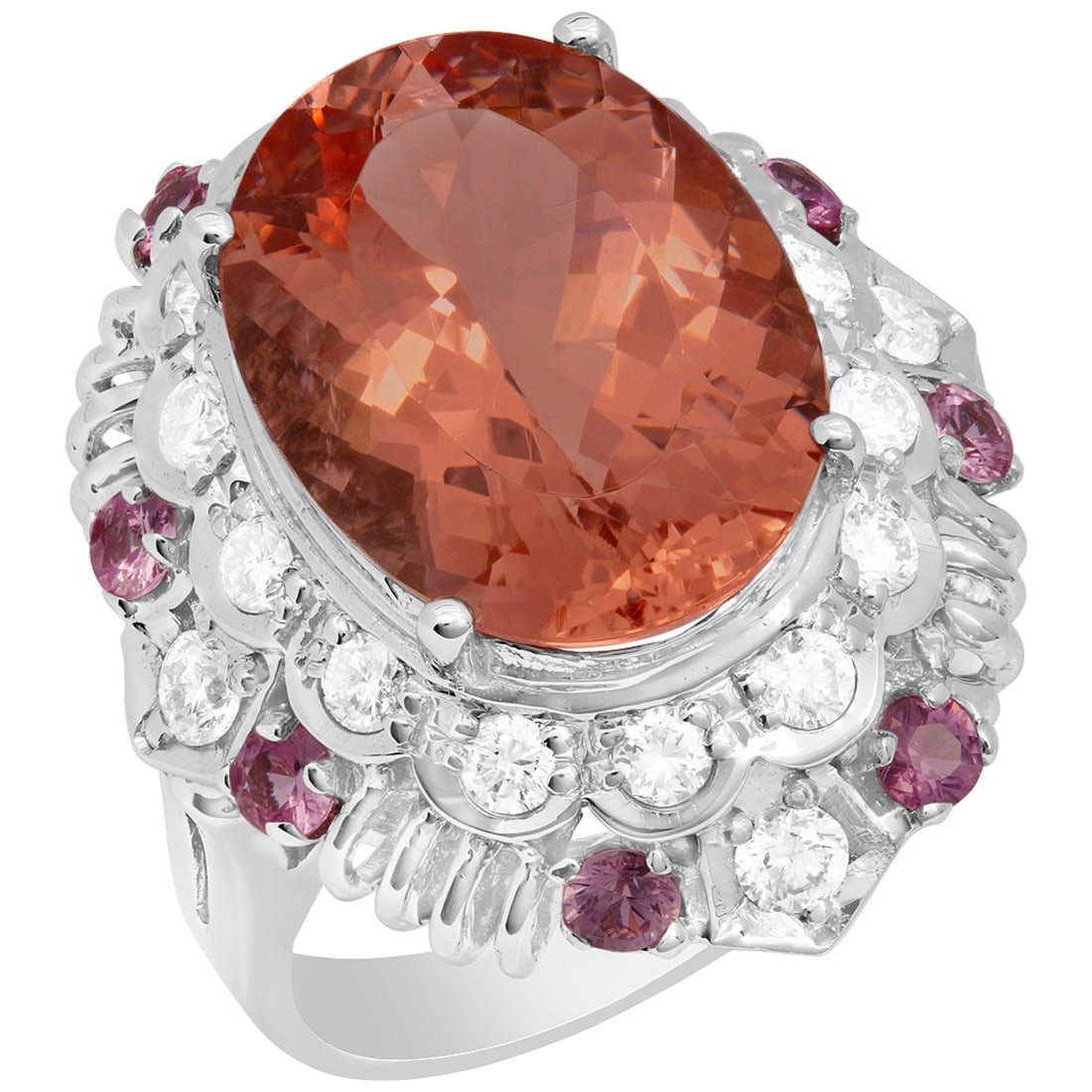 14k White Gold 8.06ct Morganite 0.65ct Pink Sapphire 0.85ct Diamond Ring: Retail: $7,350.00 ****** 14k White Gold 8.06ct Morganite 0.65ct Pink Sapphire 0.85ct Diamond Ring ****** Metal: 14K White Gold / Total Item Weight: 11.00 grams / Country Made: United States / / Main