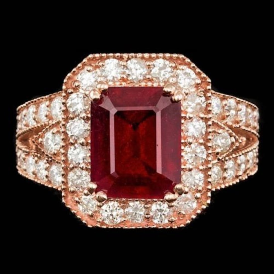 14K Rose Gold 5.18ct Ruby and 1.52ct Diamond Ring: Retail: $12,432.00 ****** 14K Rose Gold 5.18ct Ruby and 1.52ct Diamond Ring ****** Metal: 14K Rose Gold / Total Item Weight: 8.7 Grams / Country Made: United States / / Main Stone: Ruby / Color: Red