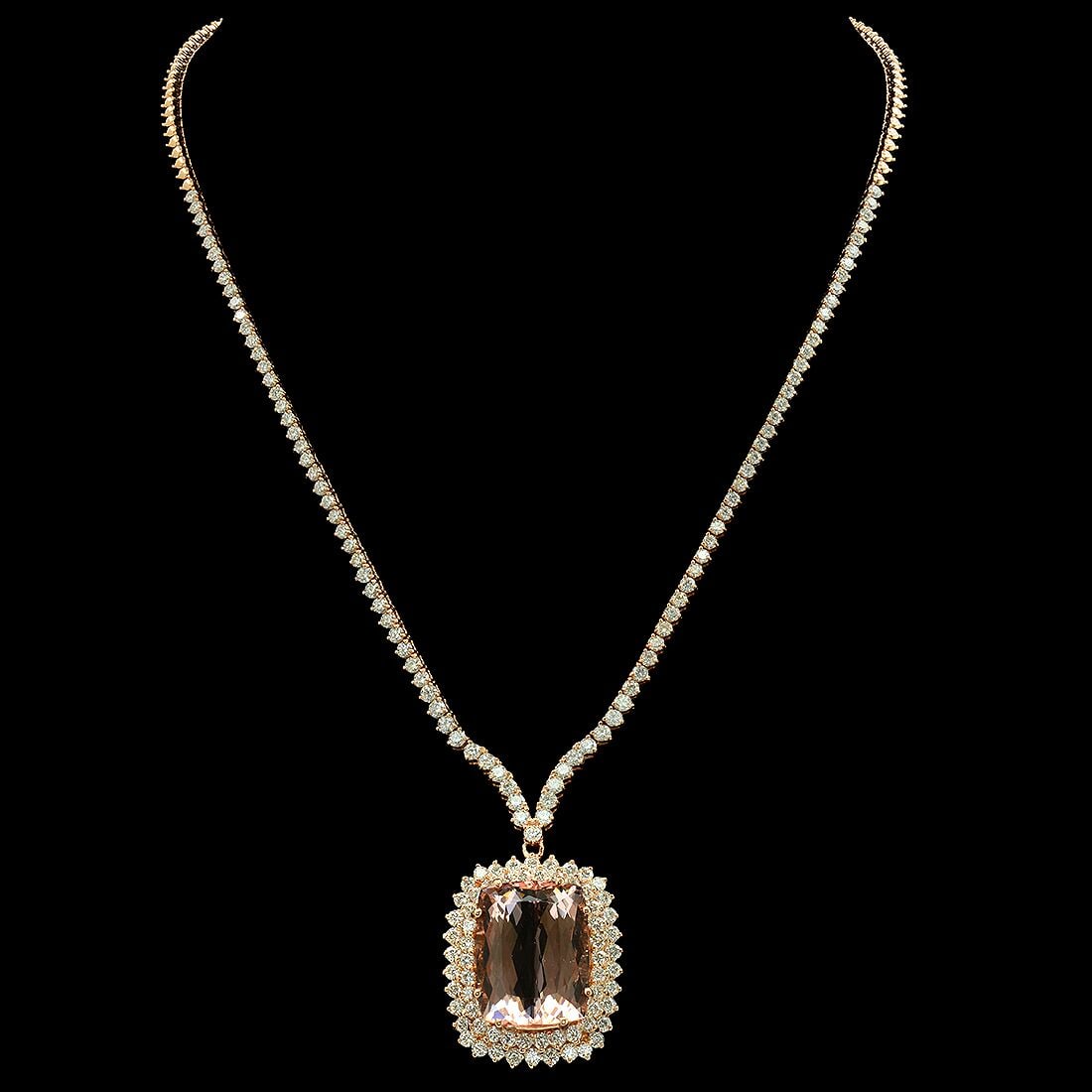 14K Rose Gold 25.11ct Morganite and 8.95ct Diamond Necklace: Retail: $51,562.00 ****** 14K Rose Gold 25.11ct Morganite and 8.95ct Diamond Necklace ****** Metal: 14K Rose Gold / Total Item Weight: 33.4 Grams / Country Made: United States / / Main Stone: Morganit