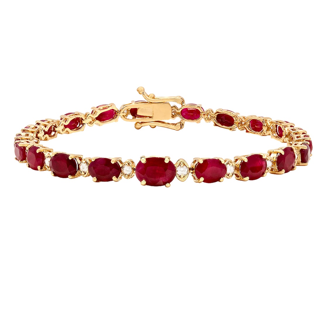 14k Yellow Gold 15.13ct Ruby 0.54ct Diamond Bracelet: Retail: $9,870.00 ****** 14k Yellow Gold 15.13ct Ruby 0.54ct Diamond Bracelet ****** Metal: 14K Yellow Gold / Total Item Weight: 10.70 grams / Country Made: United States / / Main Stone: Ruby / Color: