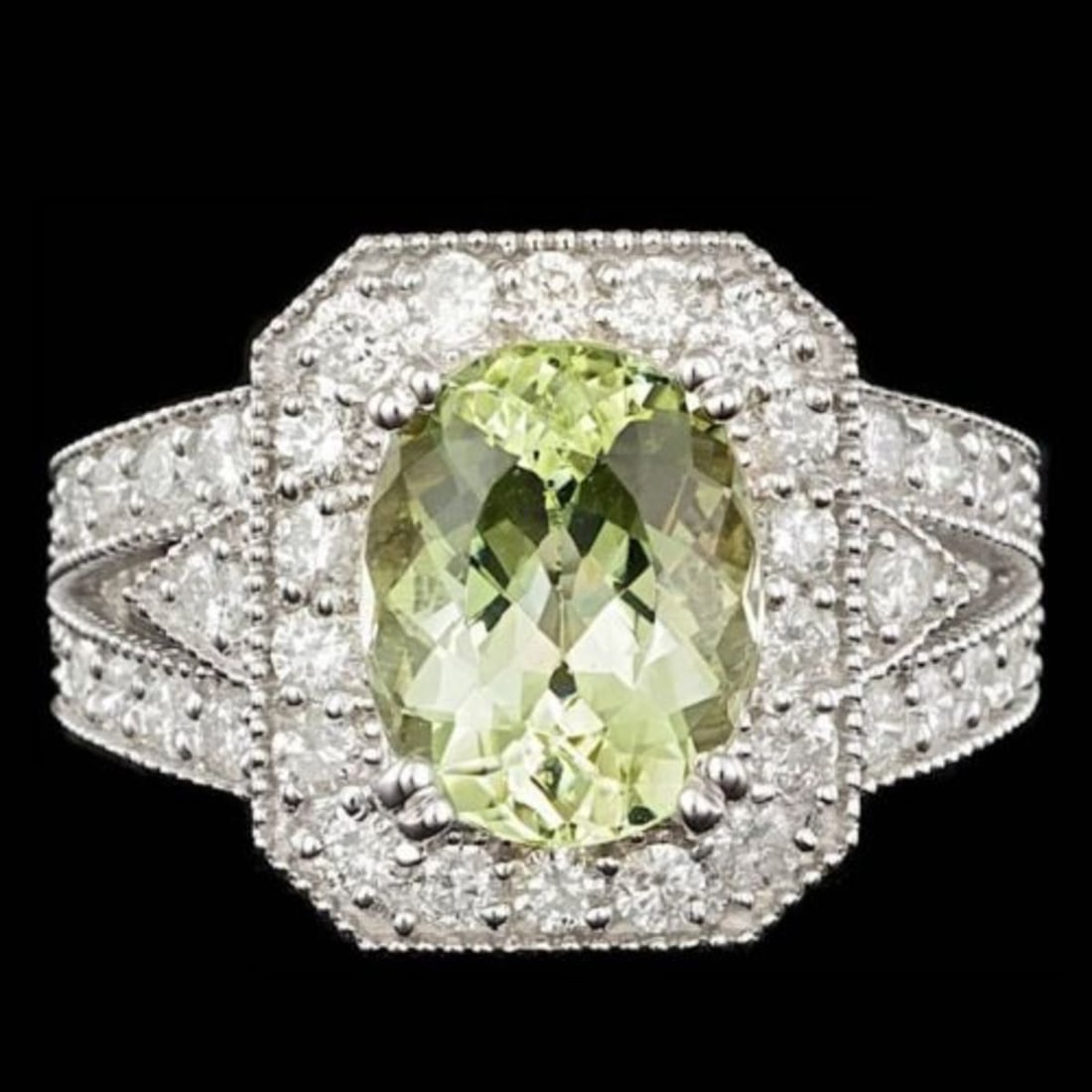 14K White Gold 3.47ct Beryl and 1.29ct Diamond Ring: Retail: $12,000.00 ****** 14K White Gold 3.47ct Beryl and 1.29ct Diamond Ring ****** Metal: 14K White Gold / Total Item Weight: 15.0 Grams / Country Made: United States / / Main Stone: Beryl / Color: