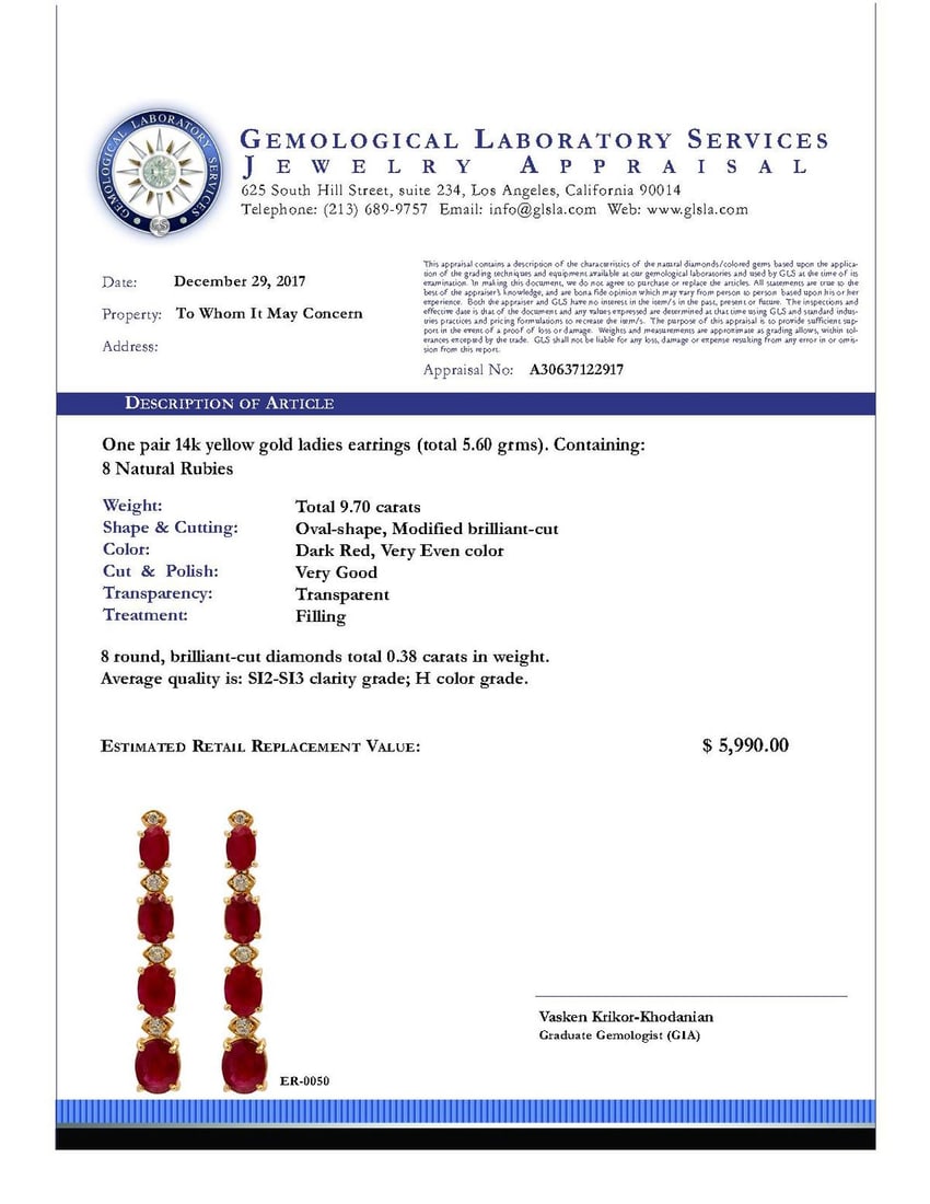 14k Yellow Gold 9.70ct Ruby 0.38ct Diamond Earrings - 4
