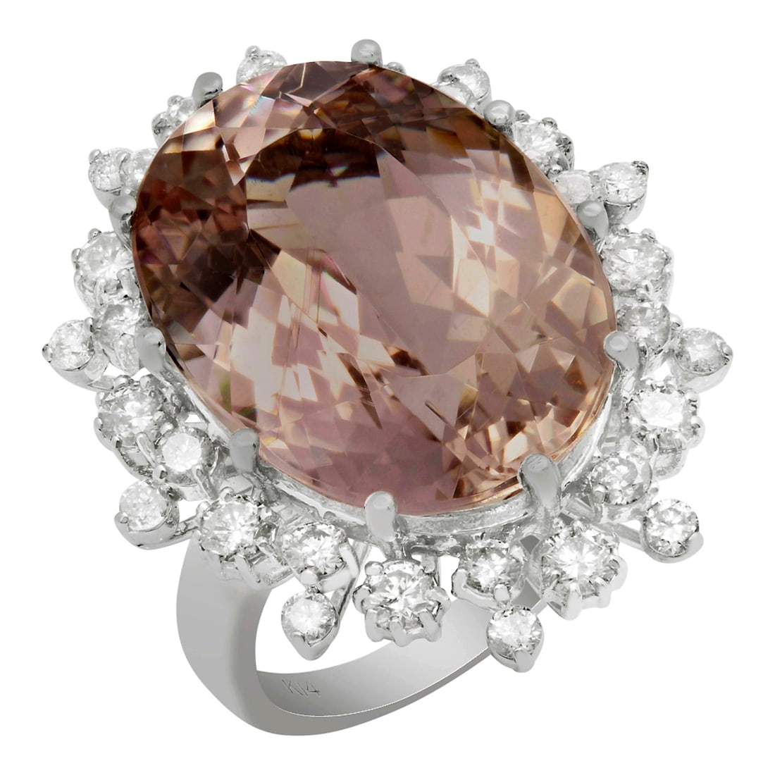14k White Gold 19.84ct Morganite 1.43ct Diamond Ring: Retail: $10,610.00 ****** 14k White Gold 19.84ct Morganite 1.43ct Diamond Ring ****** Metal: 14K White Gold / Total Item Weight: 11.10 grams / Country Made: United States / / Main Stone: Morganite /