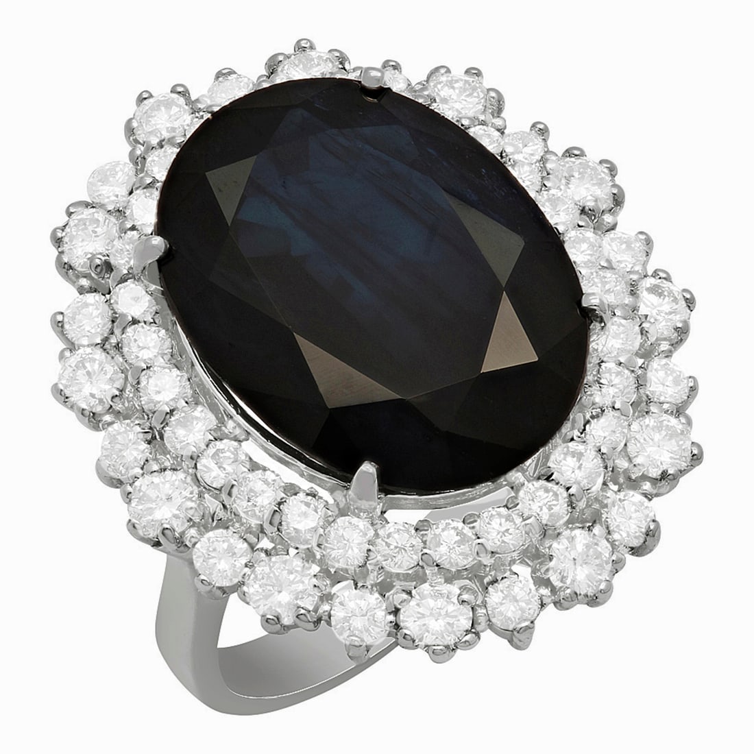 14k White Gold 13.34ct Sapphire 1.82ct Diamond Ring: Retail: $9,270.00 ****** 14k White Gold 13.34ct Sapphire 1.82ct Diamond Ring ****** Metal: 14K White Gold / Total Item Weight: 11.00 grams / Country Made: United States / / Main Stone: Sapphire /