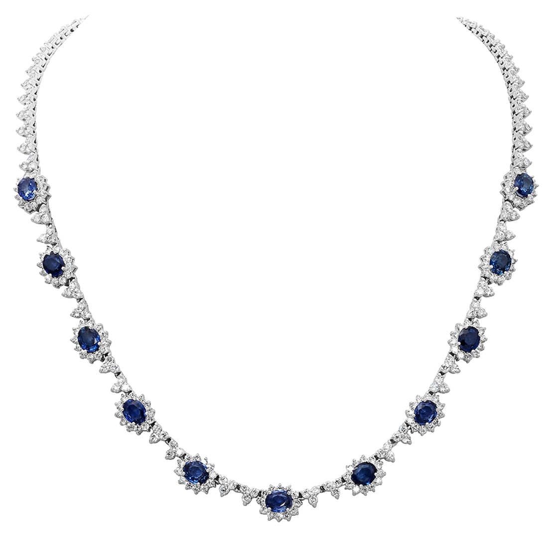 14k White Gold 7.94ct Sapphire 8.82ct Diamond Necklace: Retail: $28,930.00 ****** 14k White Gold 7.94ct Sapphire 8.82ct Diamond Necklace ****** Metal: 14K White Gold / Total Item Weight: 29.10 grams / Country Made: United States / / Main Stone: Sapphire /