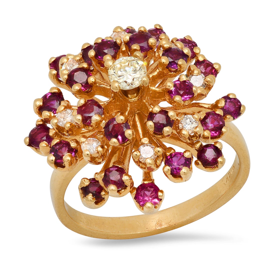 14K Yellow Gold Ruby and Diamond Ladies Ring: Retail: $1,198.00 ****** 14K Yellow Gold Ruby and Diamond Ladies Ring ****** Size: 6.25 (we offer free resizing to winning bidders) / Metal: 14K Yellow Gold / Total Item Weight: 6.98 Grams / Country