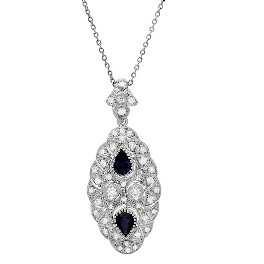 14k White Gold 2.56ct Sapphire 1.98ct Diamond Necklace: Retail: $7,240.00 ****** 14k White Gold 2.56ct Sapphire 1.98ct Diamond Necklace ****** Metal: 14K White Gold / Total Item Weight: 8.70 grams / Country Made: United States / / Main Stone: Sapphire / Co