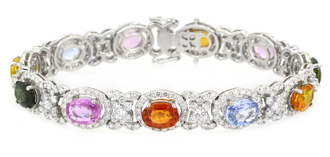 18K White Gold Ladies Bracelet with 16.80ct tw Sapphire and 7.28ct tw Diamonds: Retail: $30,000.00 ****** 18K White Gold Ladies Bracelet with 16.80ct tw Sapphire and 7.28ct tw Diamonds ****** Size: 7 / Metal: 18K White Gold / Total Item Weight: 24.8 Grams / Country Made: United