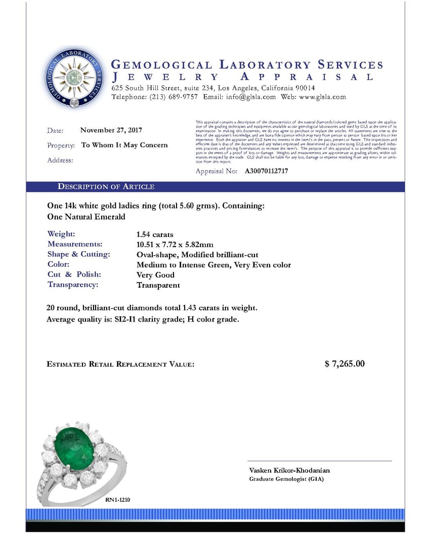 14k White Gold 1.54ct Emerald 1.43ct Diamond Ring - 4