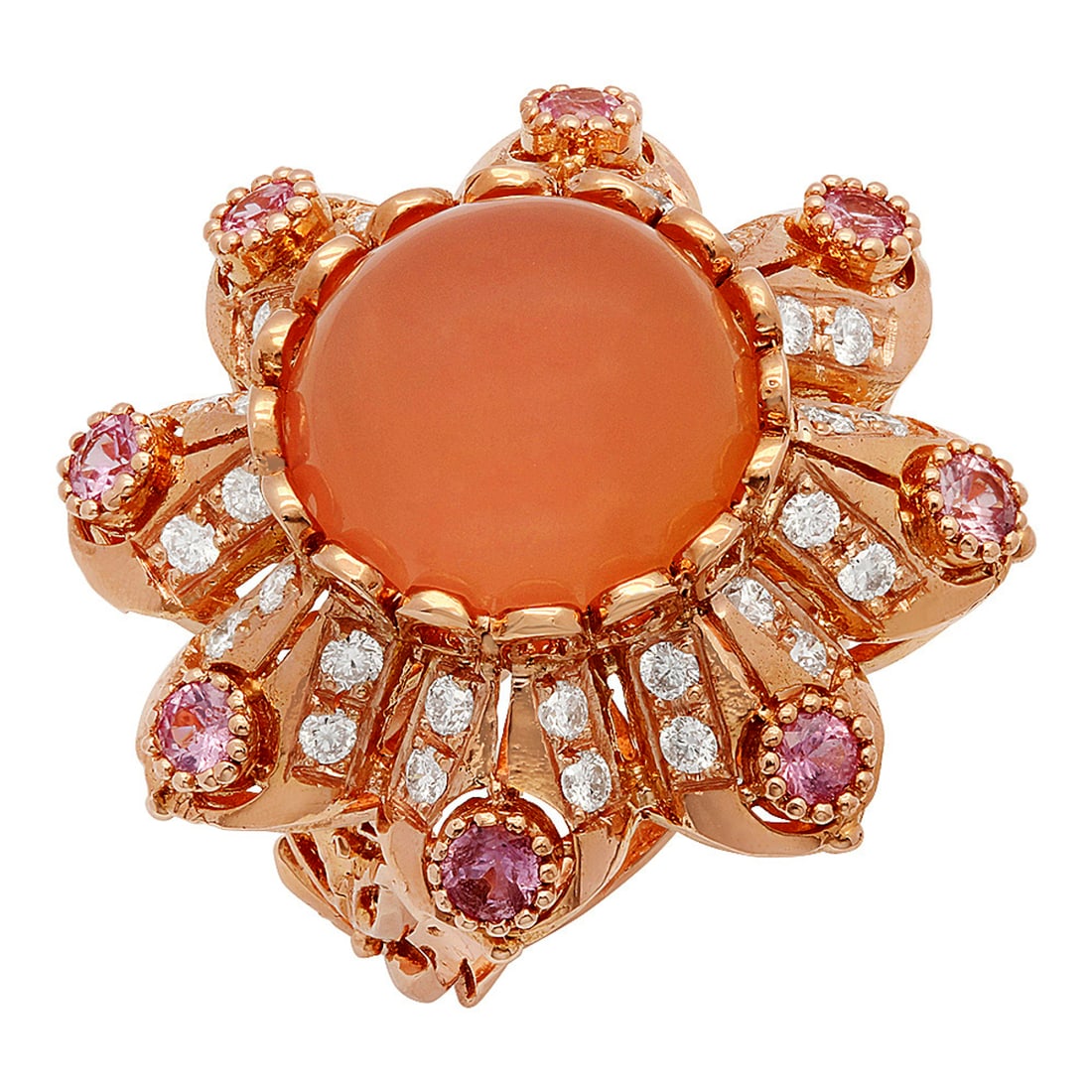 14k Rose Gold 15.40ct Rose Quartz 1.25ct Pink Sapphire 1.45ct Diamond Ring: Retail: $14,475.00 ****** 14k Rose Gold 15.40ct Rose Quartz 1.25ct Pink Sapphire 1.45ct Diamond Ring ****** Metal: 14K Rose Gold / Total Item Weight: 20.60 grams / Country Made: United States / /