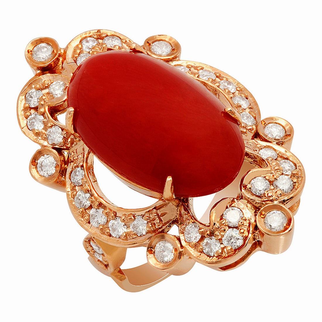 14k Rose Gold 9.64ct Coral 1.22ct Diamond Ring: Retail: $10,725.00 ****** 14k Rose Gold 9.64ct Coral 1.22ct Diamond Ring ****** Metal: 14K Rose Gold / Total Item Weight: 10.80 grams / Country Made: United States / / Main Stone: Coral / Color:
