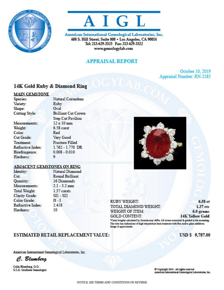 14K Yellow Gold 6.58ct Ruby and 1.37ct Diamond Ring - 4