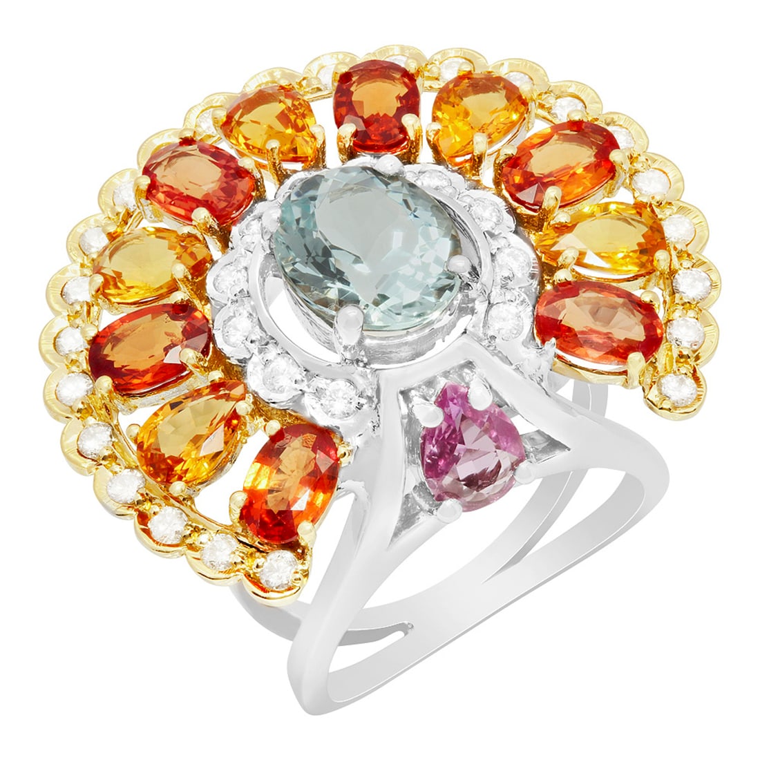 14k Yellow & White Gold 2.05ct Aquamarine 6.40ct Sapphire 0.97ct Diamond Ring: Retail: $15,430.00 ****** 14k Yellow & White Gold 2.05ct Aquamarine 6.40ct Sapphire 0.97ct Diamond Ring ****** Metal: 14K Yellow & White Gold / Total Item Weight: 14.20 grams / Country Made: United