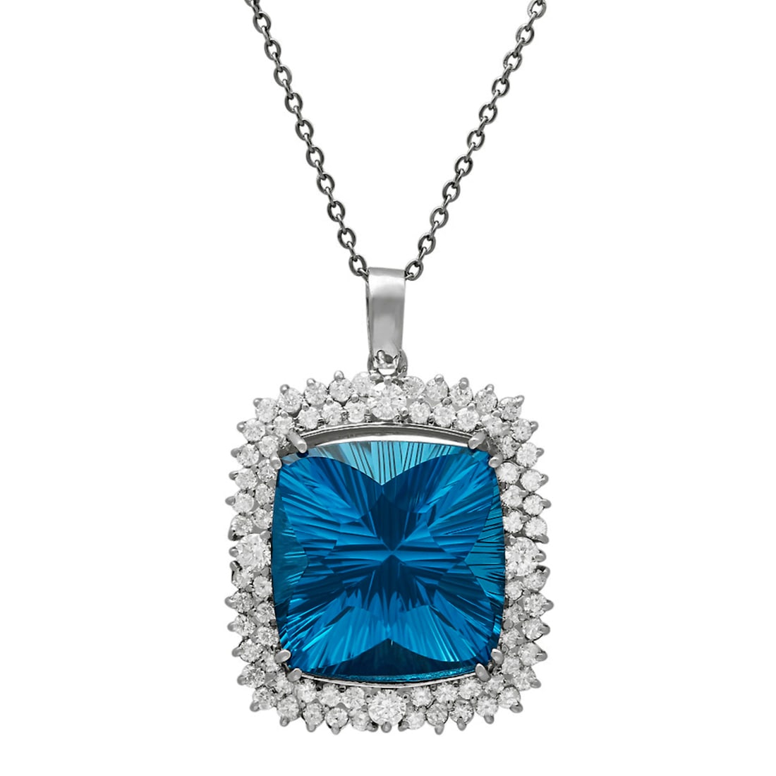 14k White Gold 42.10ct Blue Topaz 3.10ct Diamond Pendant: Retail: $17,270.00 ****** 14k White Gold 42.10ct Blue Topaz 3.10ct Diamond Pendant ****** Metal: 14K White Gold / Total Item Weight: 21.60 grams / Country Made: United States / / Main Stone: Blue