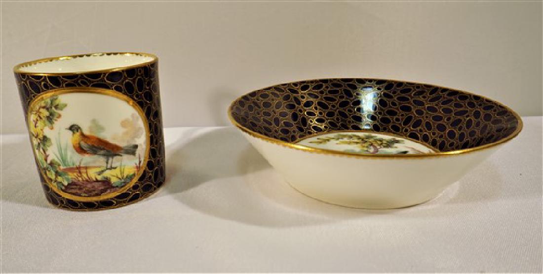 Sevres or Sevres Style Bird Cup & Saucer: Measures: Cup 2 9/16" Tall Saucer 51/8" Wide Signed JH