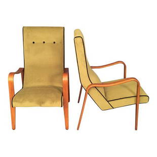 MID CENTURY MODERN Thonet Lounge Arms Chairs - A Pair: Stunning Pair of Thonet Bentwood lounge chairs completely restored to it's glory. Very comfortable pair of lounge chairs manufactured by Thonet (Circa 1950's). They feature sculpted bentwood arms and