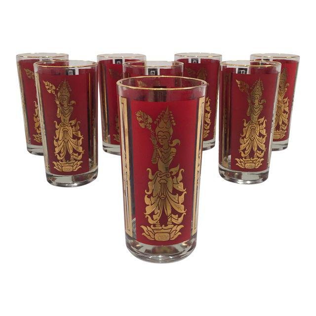 Mid-Century Red & Gold High Ball Glasses - Set of 8: Mid-Century set of 8 high ball Drinking Glasses painted red & Gold Asian style. Some ware of some of the gold detail. Dimensions: 3" x 3" x 6" inches condition: some ware on the red and gold from use