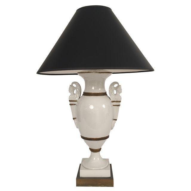 Antique Italian Porcelain Urn Lamp: Beautiful Italian antique porcelain urn lamp with gold painted detail and black shade. Base is wood. 2 light bulbs with string plus an on/off switch in the base of the lamp. This lamp will be a beauti