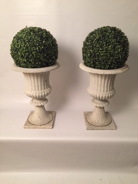Cast iron Antique Pair of Urns planters: Cast iron Italian Antique Pair of Urns Size: Top Diameter 14" Height: 20"