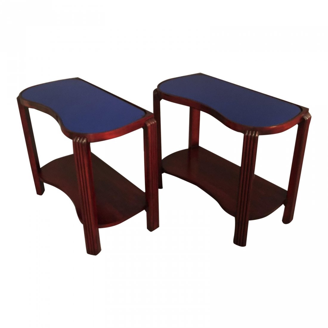 1940s Art Deco Pair Blue Glass Cherrywood End Tables: Stunning Art Deco pair or cherry wood end tables with a curve front design with blue glass on top.Dimensions:W25.5 x D12.5” x H21” inches