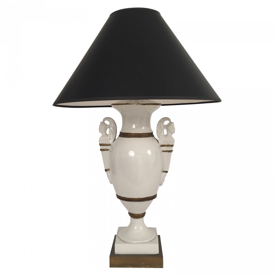 Antique Italian Porcelain Urn Lamp: Beautiful Italian antique porcelain urn lamp with gold painted detail and black shade. Base is wood. 2 light bulbs with string plus an on/off switch in the base of the lamp. This lamp will be a beauti