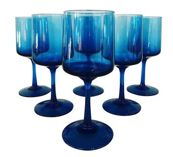 Six Mid-Century Modern Italian Handblown Wine Glasses: Stunning mid-century Italian handblown wine glasses set of 6 in teal blue shade. Very high-end thing glass for your next chic party.Dimensions: 3ʺW × 3ʺD × 7ʺHPeriod: 1960sStyles: Mid