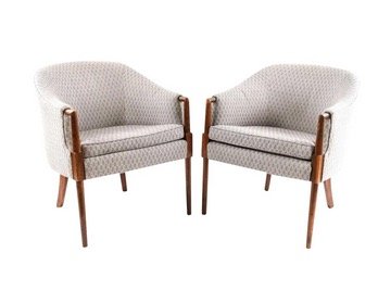 Mid-Century Vintage Ward Bennett Style Chairs- A Pair: Original beautiful Barrel back with 1980's upholstery with walnut end arms and a nice sleek design. Great for an office or your living room. Ward Bennett style chairs.Dimensions: H 31" x W 25" x D 27"