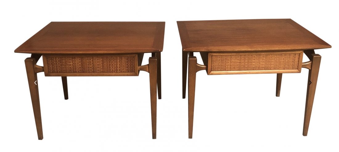 1970s Mid Century Modern Nightstand and Tables - a Pair: Beautiful mid century vintage American mid End tables nightstand with one drawer on each the front of the drawer has a beautiful canning in perfect condition the wood is walnut and in pretty good cond